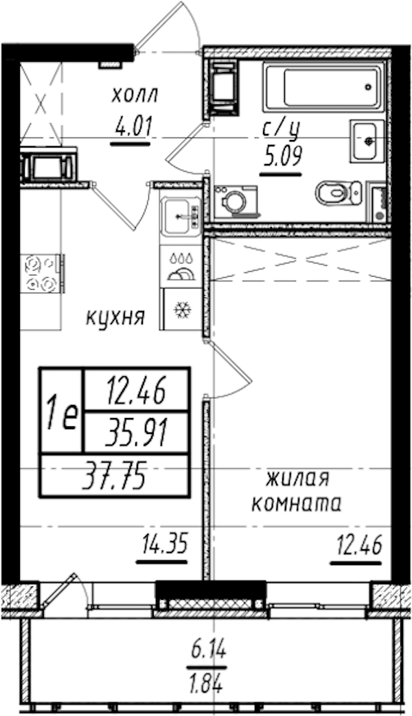 1-комнатная квартира 37.75 м², 10/25 эт., ЖК «Северная Долина»